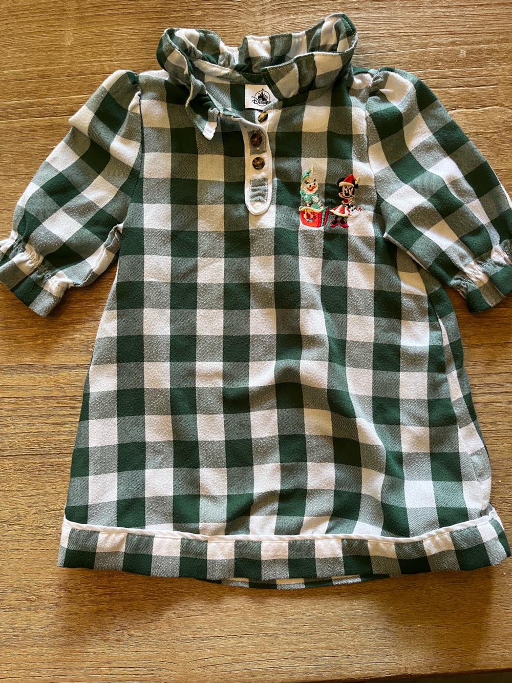 Vintage Disney 3T Green Gingham Dress with Embroidered Minnie and Daisy, Ruffle